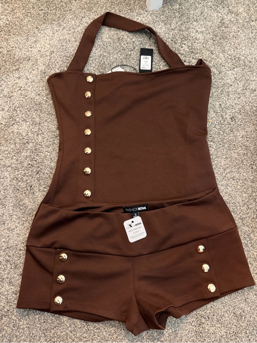 Fashion Nova Brown Button-Accent Top and Shorts Set Size Small
